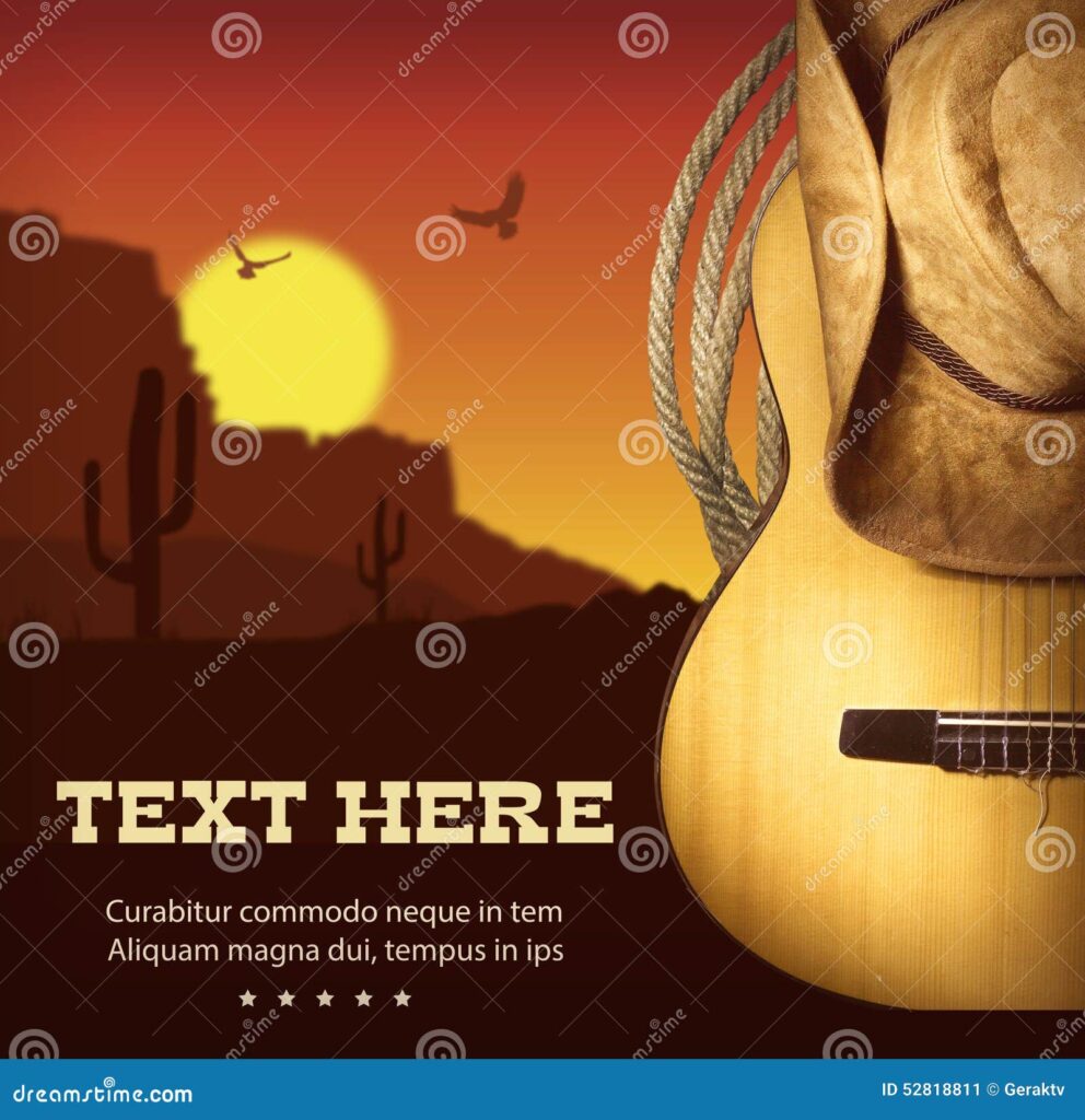 Cartaz Americano Da Música Country com guitarra em fundo ocidental
