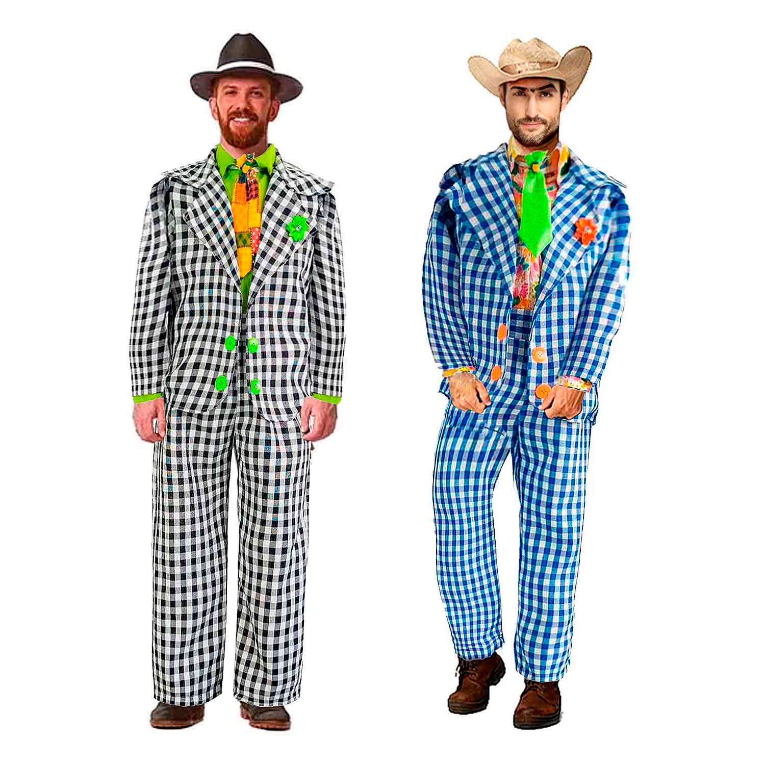 Um homem vestido com trajes caipiras, incluindo camisa xadrez, chapéu de palha e calças jeans, dançando em uma festa junina.