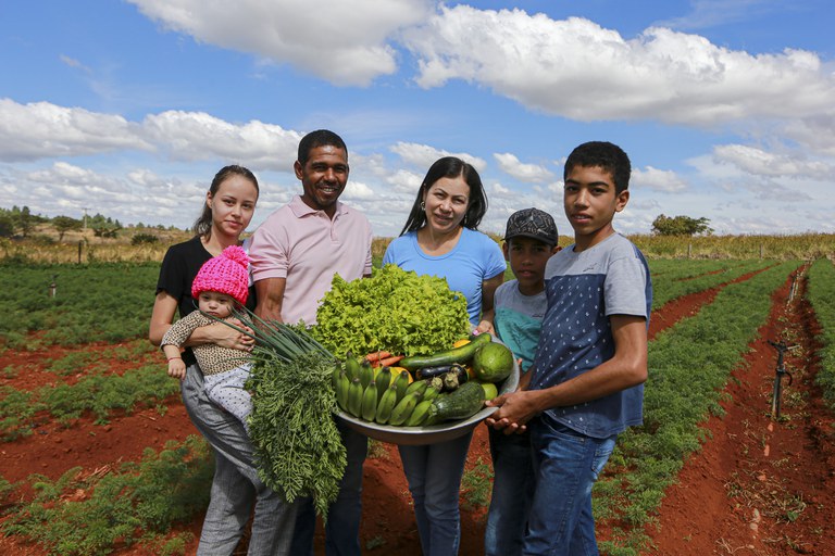 Scene of family farming in Brazil, with a rustic barn and fields of crops.