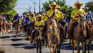 Imagem representativa de um rodeio, com cowboys em ação e touros.