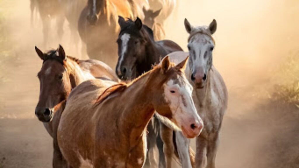 Criadores de cavalos trabalhando com suas tropas em um rancho country.