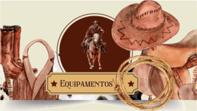 Equipamentos de rodeio em destaque, incluindo chapéus, botas e acessórios para montarias.
