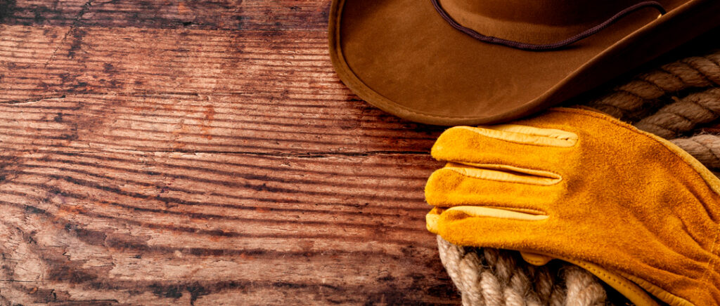 Equipamentos de Rodeio em destaque, incluindo chapéus, botas e protetores de corpo.