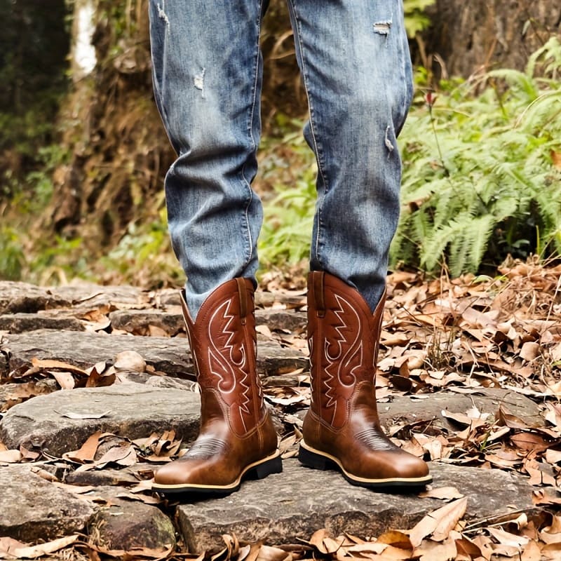 Bota country masculina de couro cano alto no estilo vintage