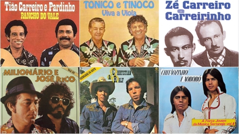 A imagem representa a evolução da música sertaneja contemporânea, com diversos artistas em destaque.