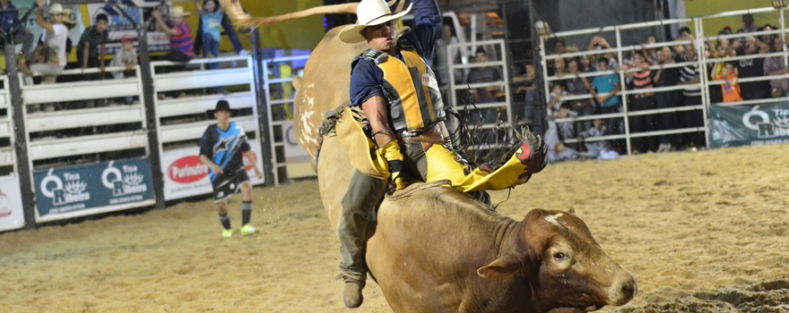 Rodeio brasileiro em um campo aberto, com cavaleiros e peões mostrando suas habilidades em um evento tradicional.