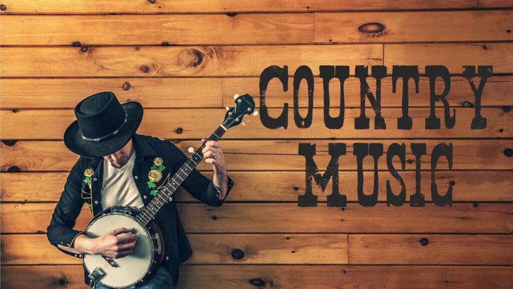 Retrato de artistas de música country americana se apresentando em um palco iluminado com luzes quentes.