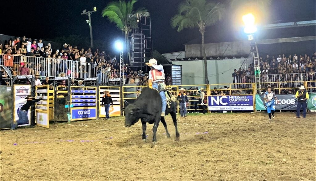 Cavalo e peão durante um rodeio representando a cultura country.