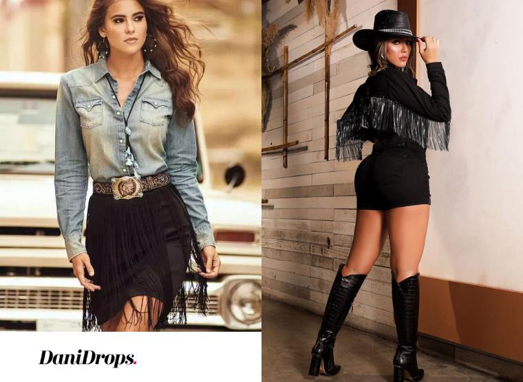 Mulher vestindo um vestido country com botas e chapéu em um cenário campestre.