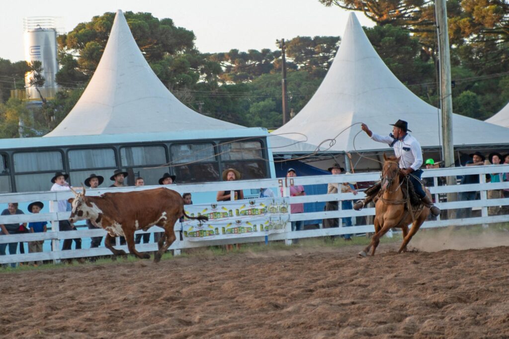 Imagem de um rodeio com competidores montando touros em um ambiente festivo