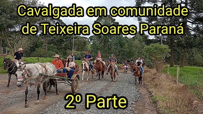 Cavalgada tradicional no interior, com cavaleiros e cavalos em um campo aberto, rodeados pela natureza.