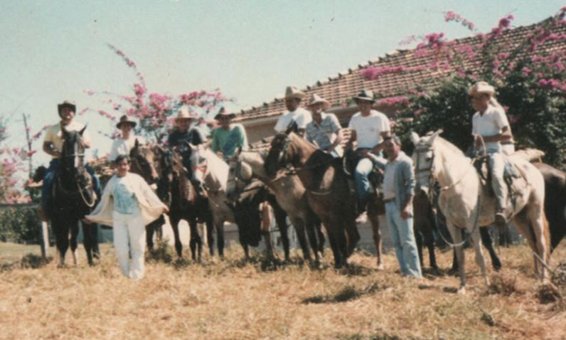 Cavalgada em um campo ensolarado com amigos montando a cavalo