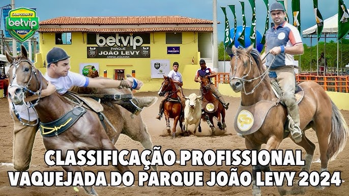 Cavalo e vaqueiro durante competição de vaquejada no Parque João Levy