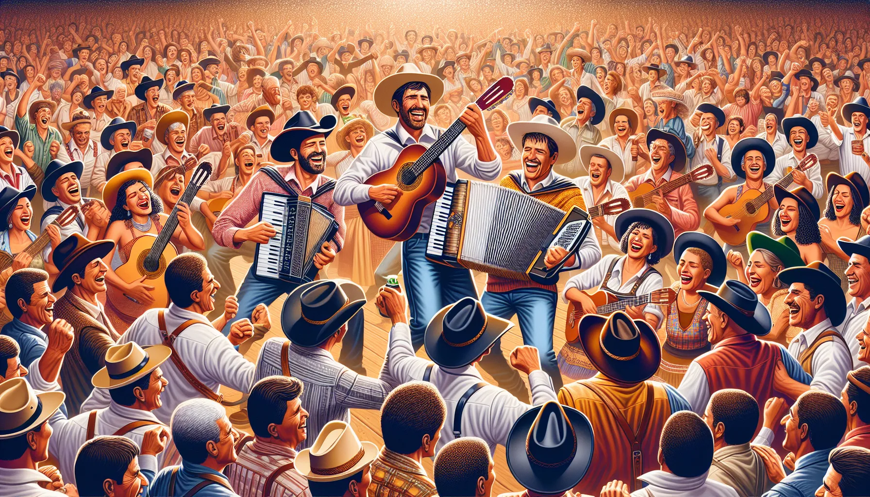 Uma imagem vibrante que retrata a alegria e as tradições da cultura sertaneja no Brasil, mostrando uma dupla de cantores em um palco, rodeados por uma multidão animada.