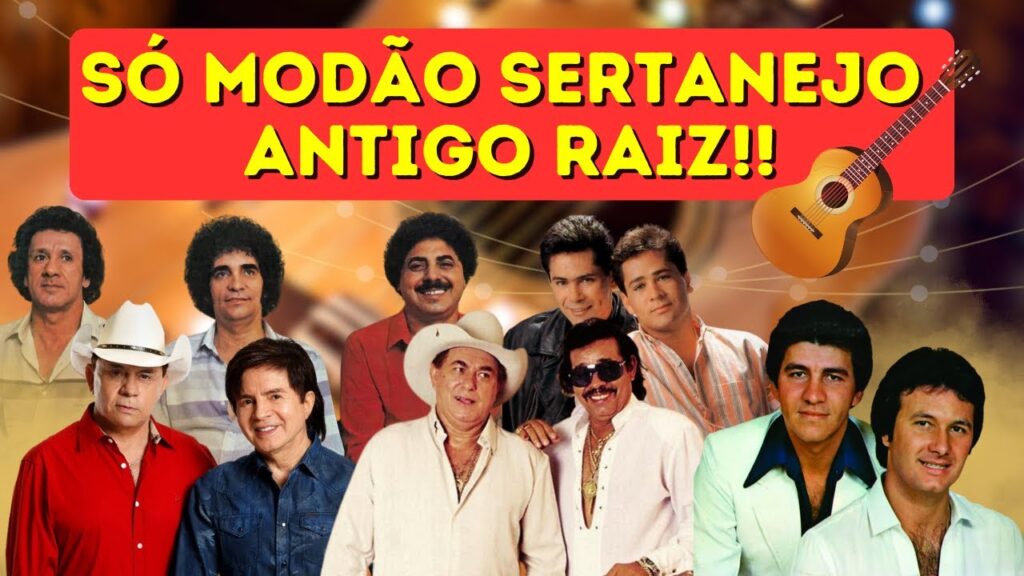 Capa de um disco de sertanejo antigo com elementos que remetem ao estilo country, como chapéus de cowboy e instrumentos típicos.