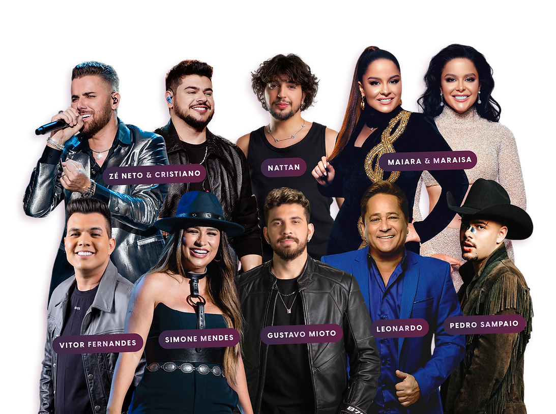 Público animado em um show sertanejo com artistas populares no palco.