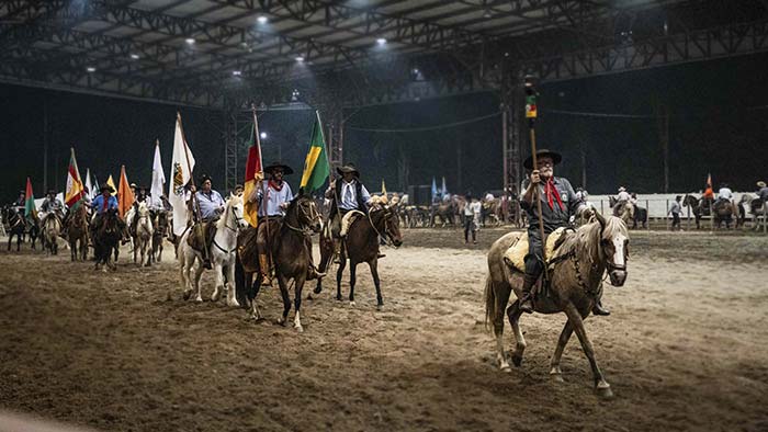 Cavaleiro exibindo suas habilidades em um rodeio gaúcho, cercado por um público animado.