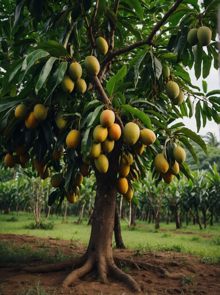 Uma vibrante plantação de frutas tropicais sob um céu azul claro, com árvores robustas e frutas em destaque, simbolizando uma agricultura sustentável.