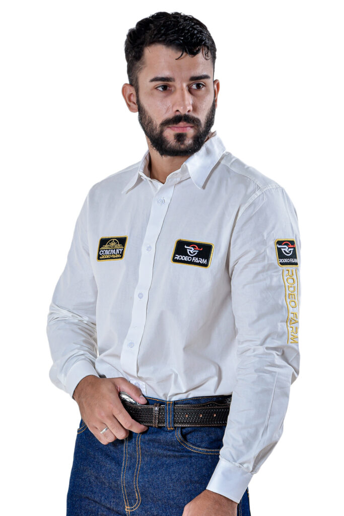 Camisa Country Masculina Plus Size Bordada Branca da Rodeo Farm