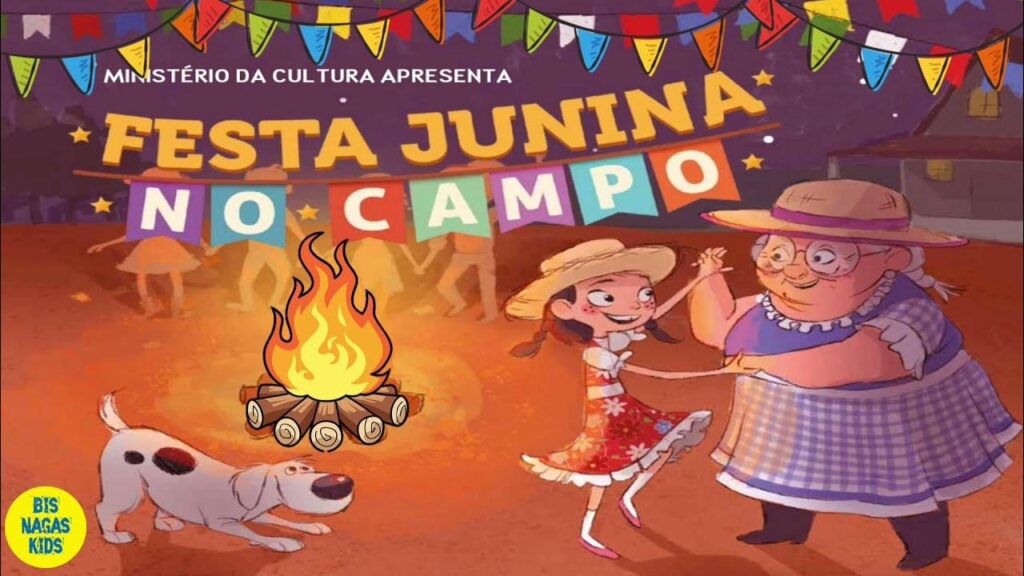 Festa Junina no campo com decoração típica e pessoas se divertindo