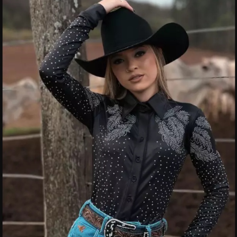 Body Camisa Country Feminino Manga Longa com Strass