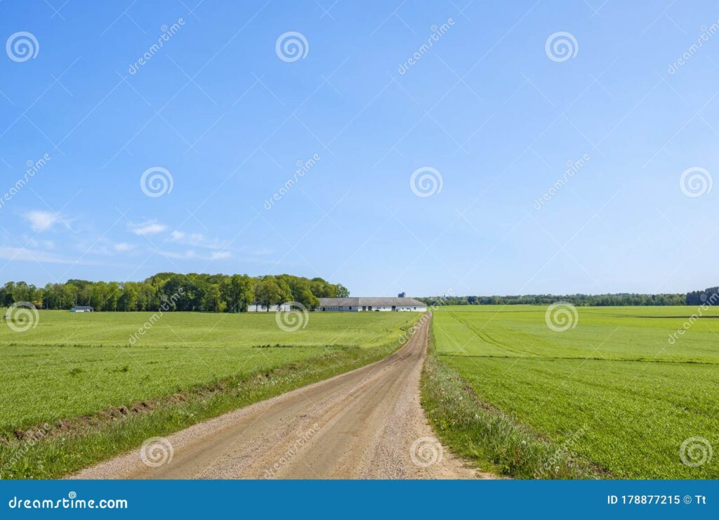 Estrada de terra longa e reta em meio a uma paisagem rural com uma fazenda ao fundo