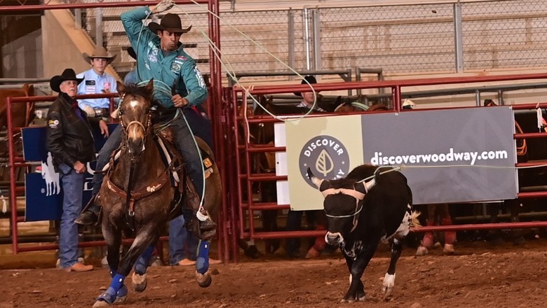 Dois cowboys competindo em um rodeio de montaria em cavalos nos Estados Unidos.