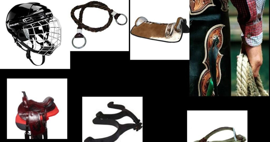 Cavaleiro em um rodeio montando um touro com equipamentos de segurança