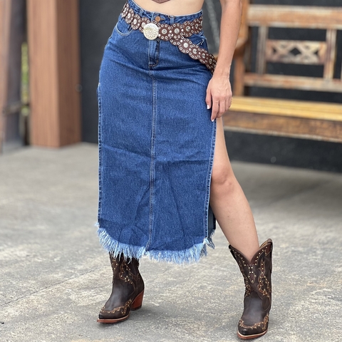 Saia Consciência Jeans Longa Com Abertura Lateral E Barra Desfiada - 23002 (38)