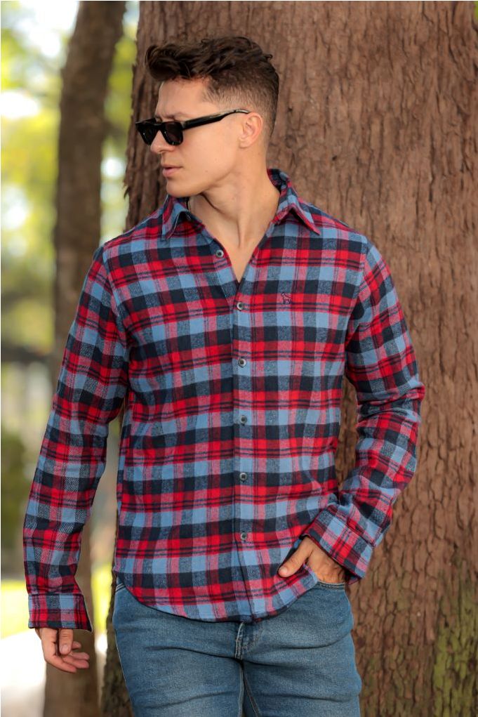 Camisa Xadrez Bordada Masculina Revanche Prados Azul-Vermelho