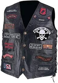 Colete de motociclista de couro de búfalo genuíno de grão de pedraria com 23 adesivos costurado à mão : Amazon.com.br: Moda